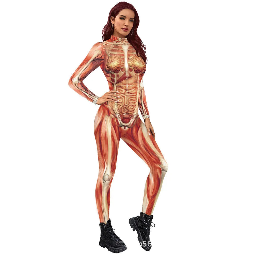 Simulation skeleton one-piece tights in black B142-279 style, showing printed bone design on full body