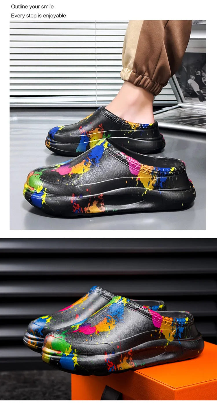 Men's black EVA waterproof work shoes with toe cap and non-slip sole for kitchen and garden use