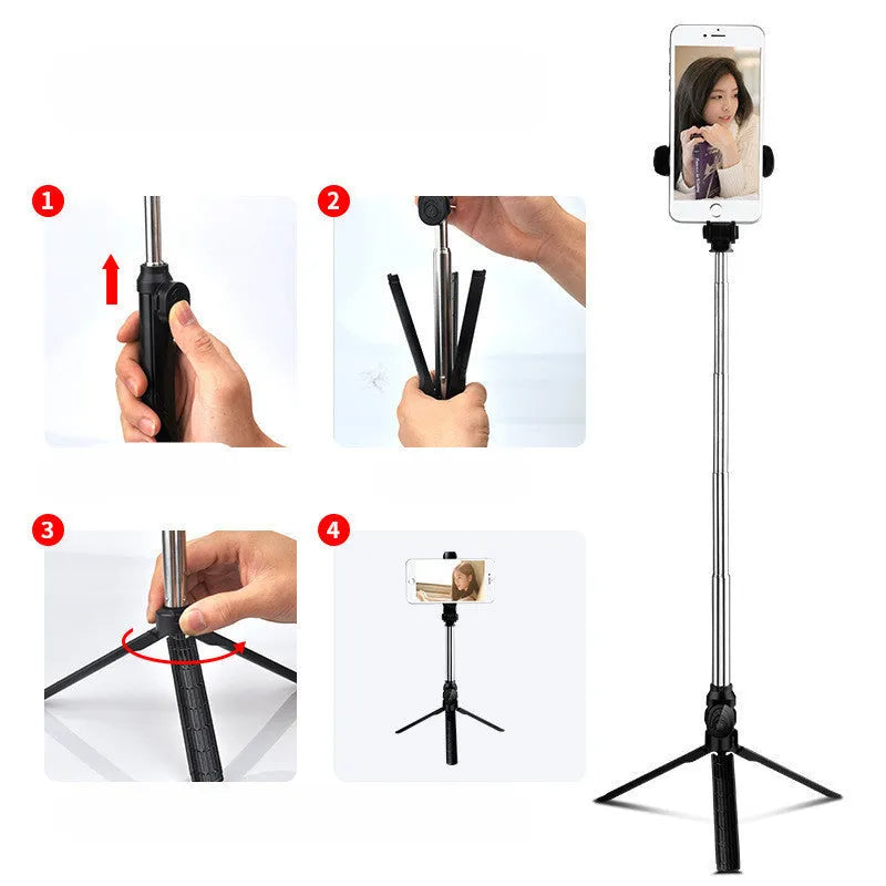 Bluetooth tripod selfie stand with 360° clip and anodised aluminium rod, extended as tripod