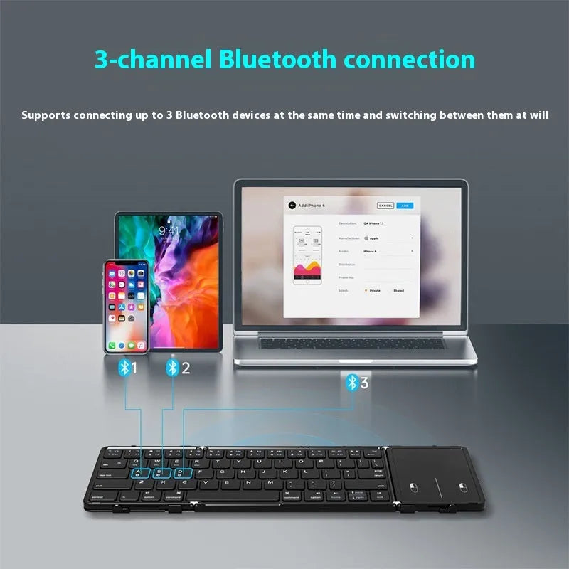 Black folding Bluetooth keyboard with touchpad for tablets and mobile phones