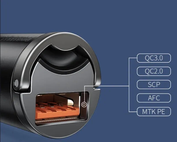 Electro-optical grey Baseus 30W PPS single USB car charger with a 1 metre cable.