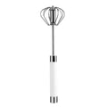 Semi-automatic stainless steel egg beater whisk with hand pressure rotating handle, silvery colour, on white background