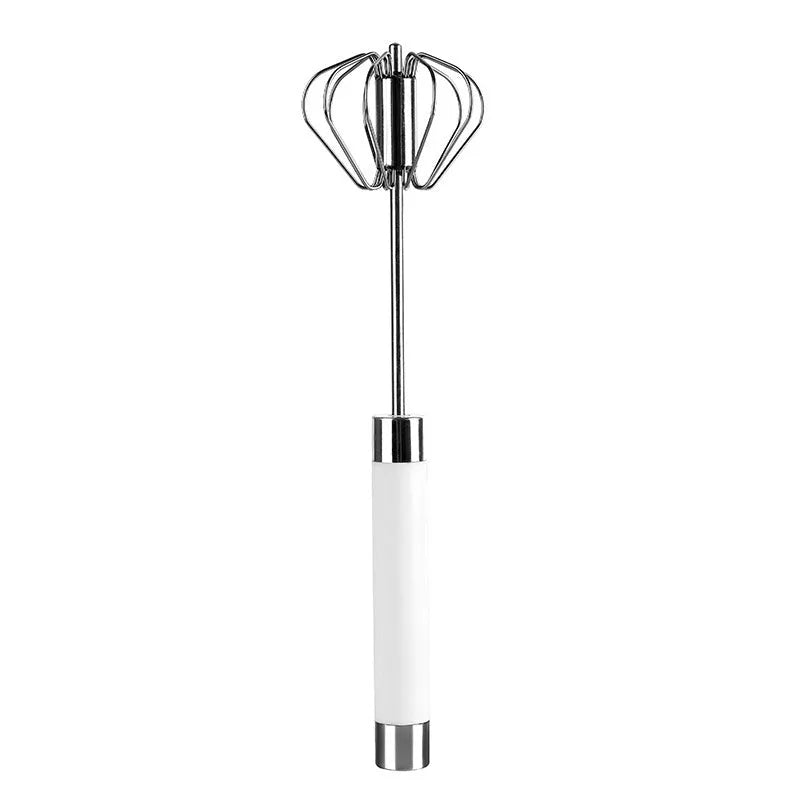 Semi-automatic stainless steel egg beater whisk with hand pressure rotating handle, silvery colour, on white background