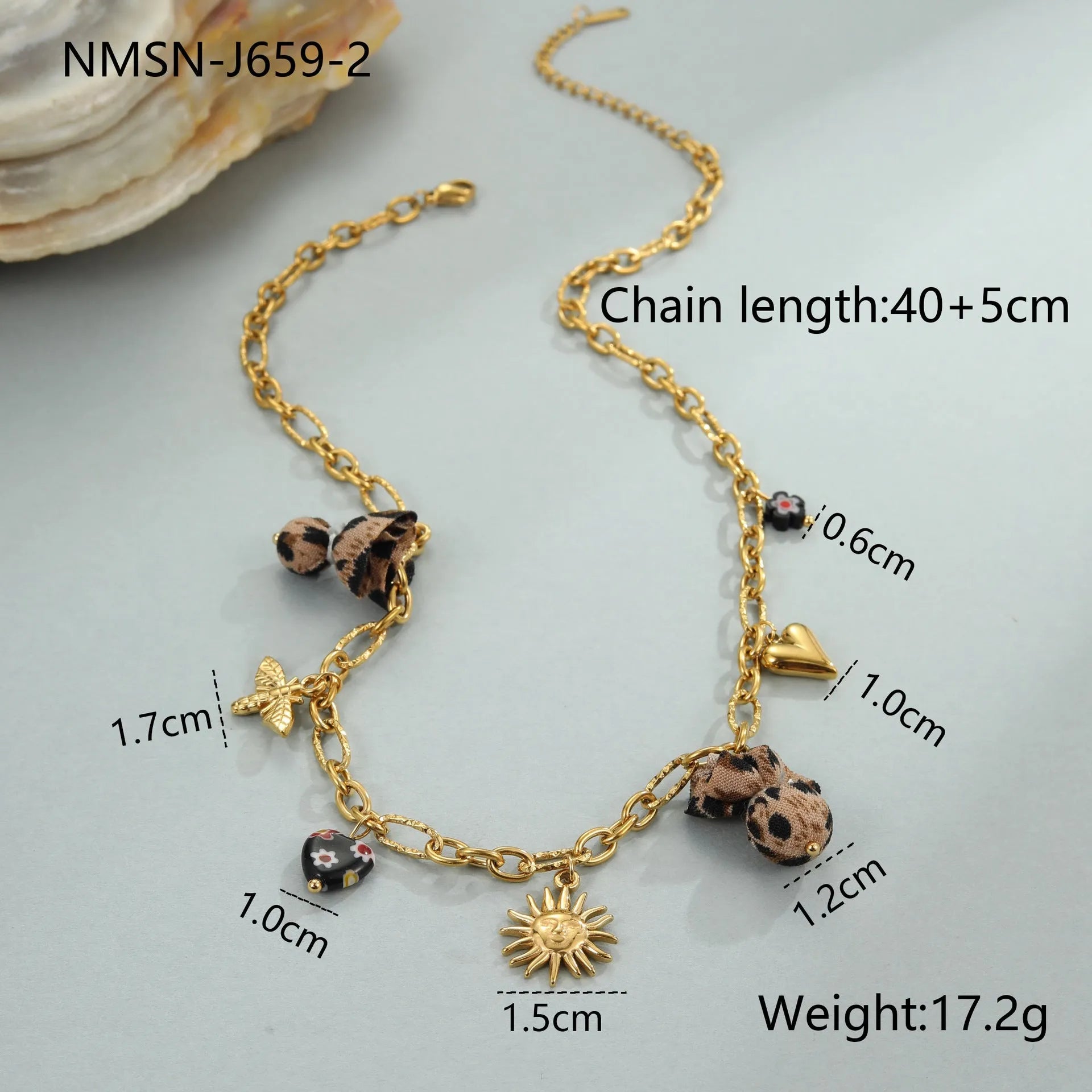 Women's stainless steel necklace with leopard pendant and love heart flowers, 18K gold electroplated geometric design