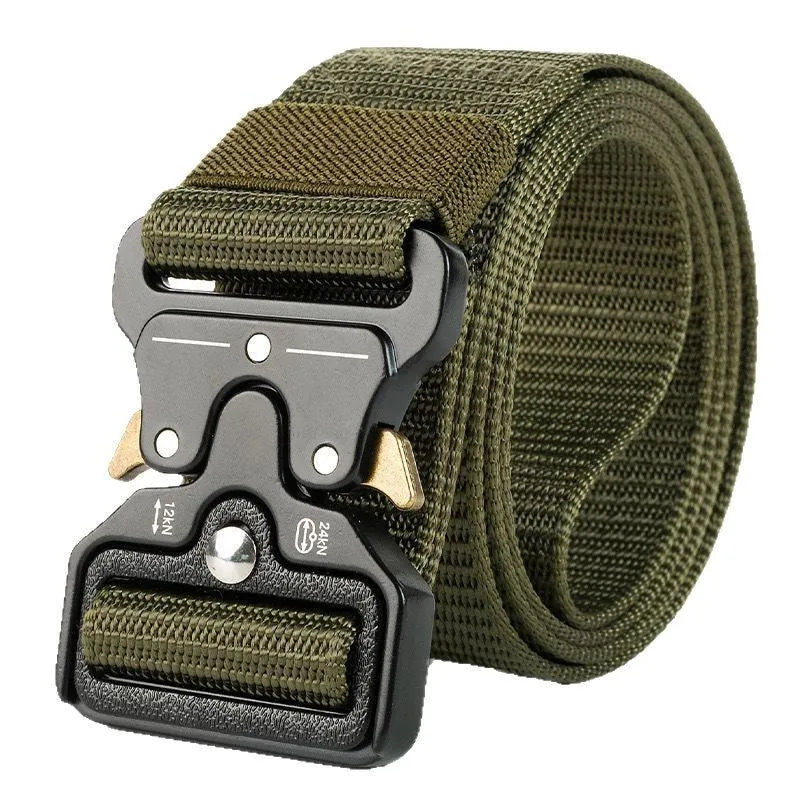 Men's thick canvas tactical belt with alloy release buckle in Army Green colour showing 120cm length