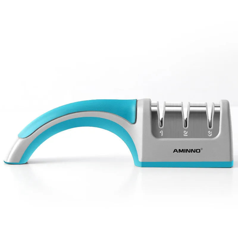 4-in-1 kitchen knife sharpener with multiple slots, black and cyan plastic and stainless steel body on a countertop