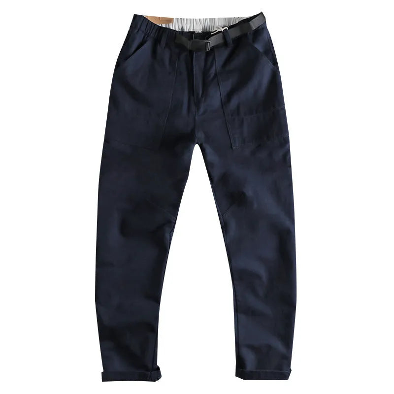 Men's khaki work trousers with a NI buckle belt closure and straight leg