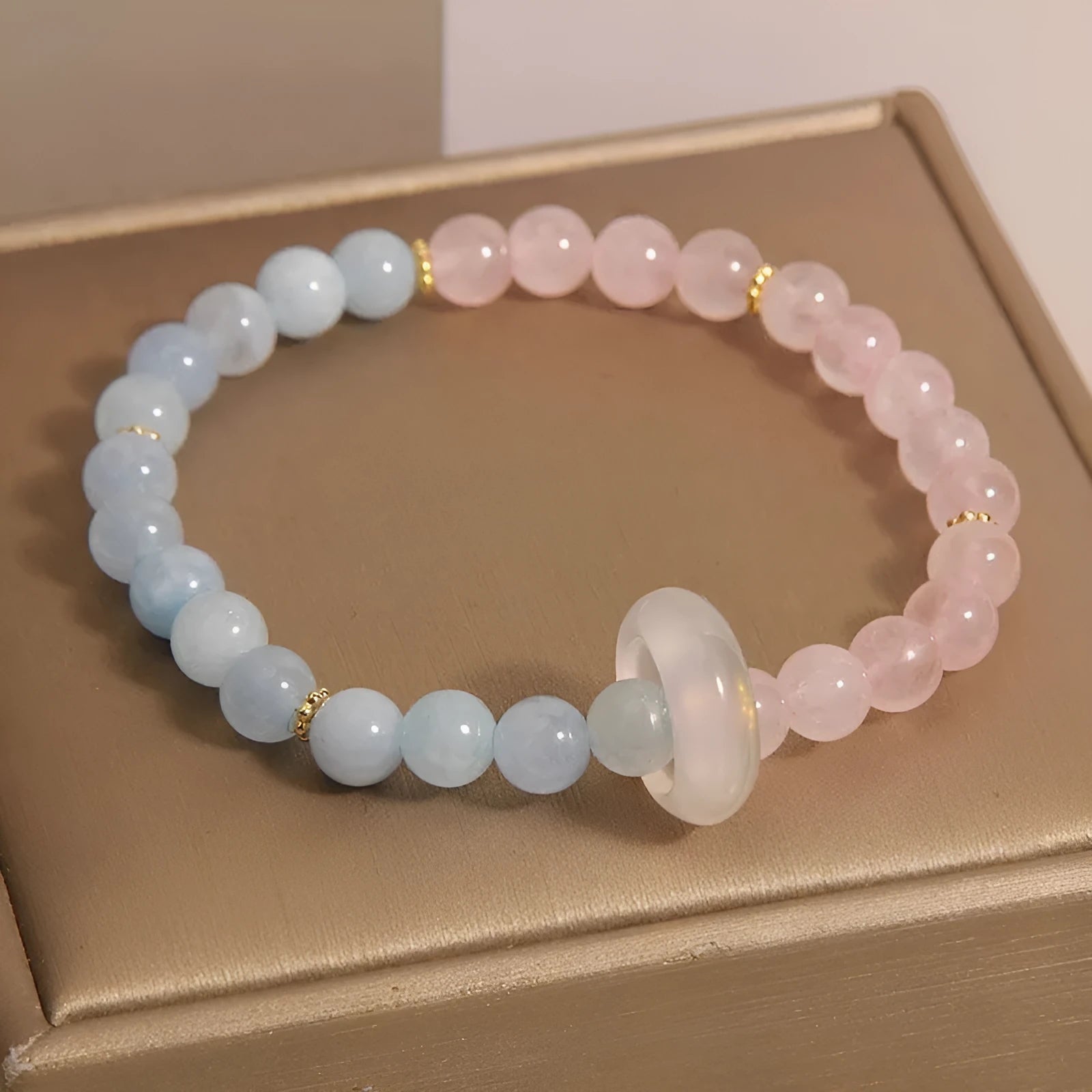 Women's aquamarine crystal bracelet with round natural pink crystal beads, light luxury style, handmade jewellery