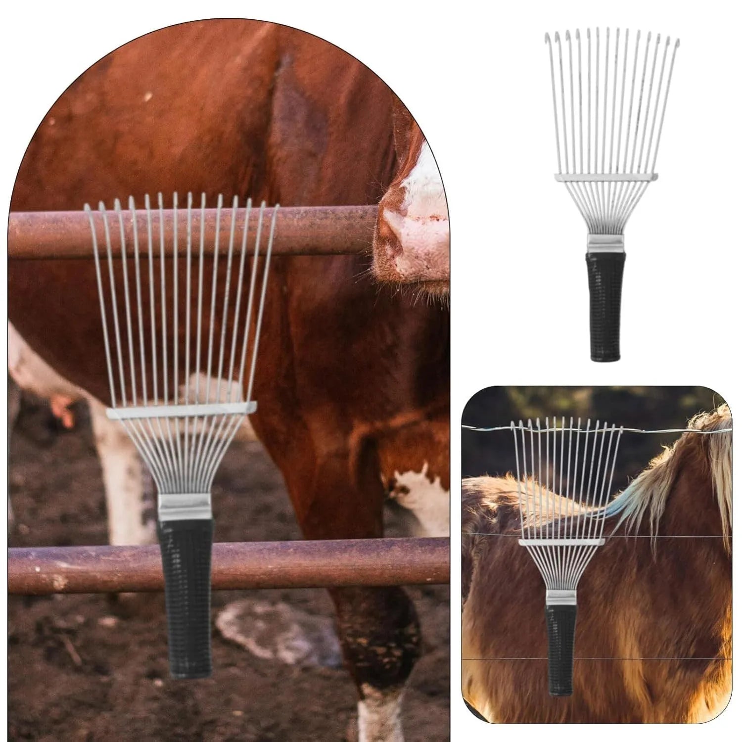 Black stainless steel dematting brush rake comb for dog and horse grooming, showing metal teeth and handle.