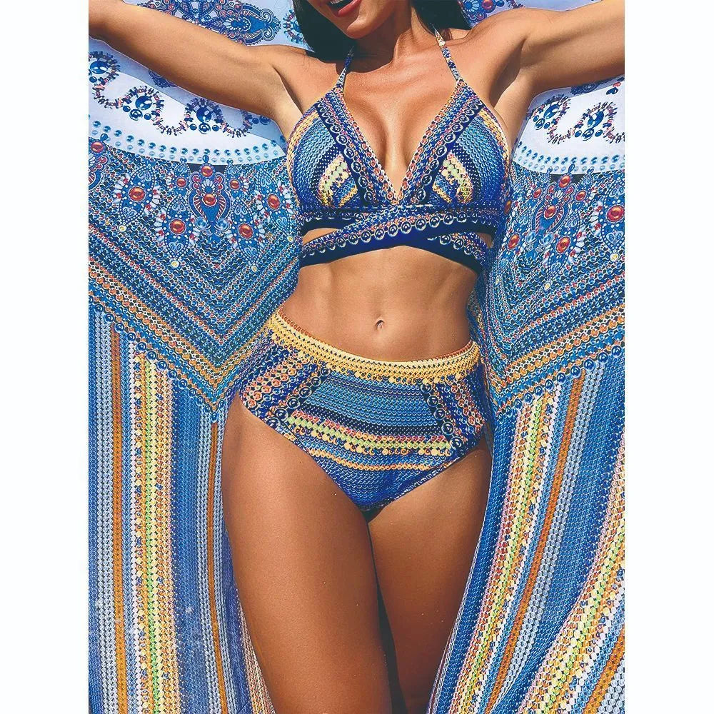 Women's blue cross bandage high waist bikini three-piece swimsuit set with veil on mannequin