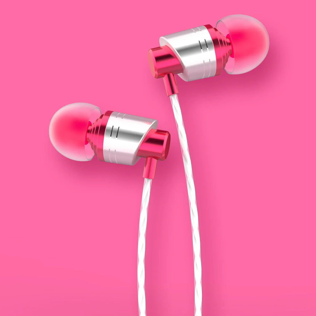 Wired in-ear headphones with microphone in black, blue, or red colour options, showing 3.5mm plug and silicone eartips.