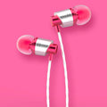 Wired in-ear headphones with microphone in black, blue, or red colour options, showing 3.5mm plug and silicone eartips.