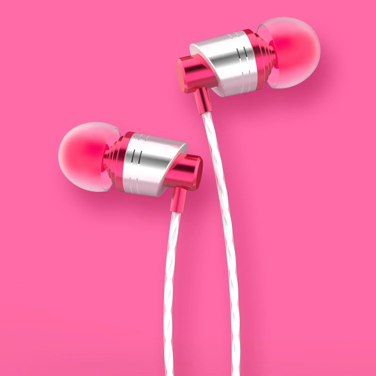 Wired in-ear headphones with microphone in black, blue, or red colour options, showing 3.5mm plug and silicone eartips.