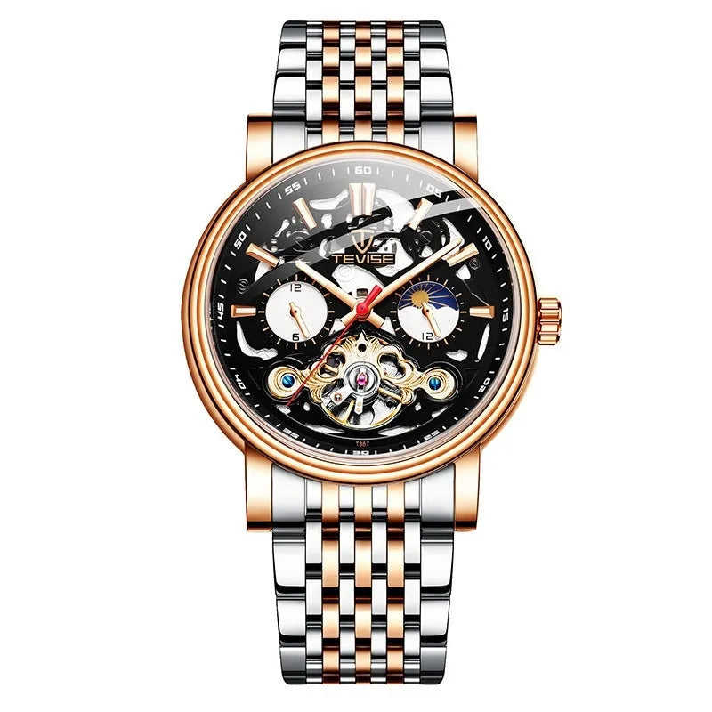 Men's black tourbillon skeleton watch with luminous hands on a leather strap.