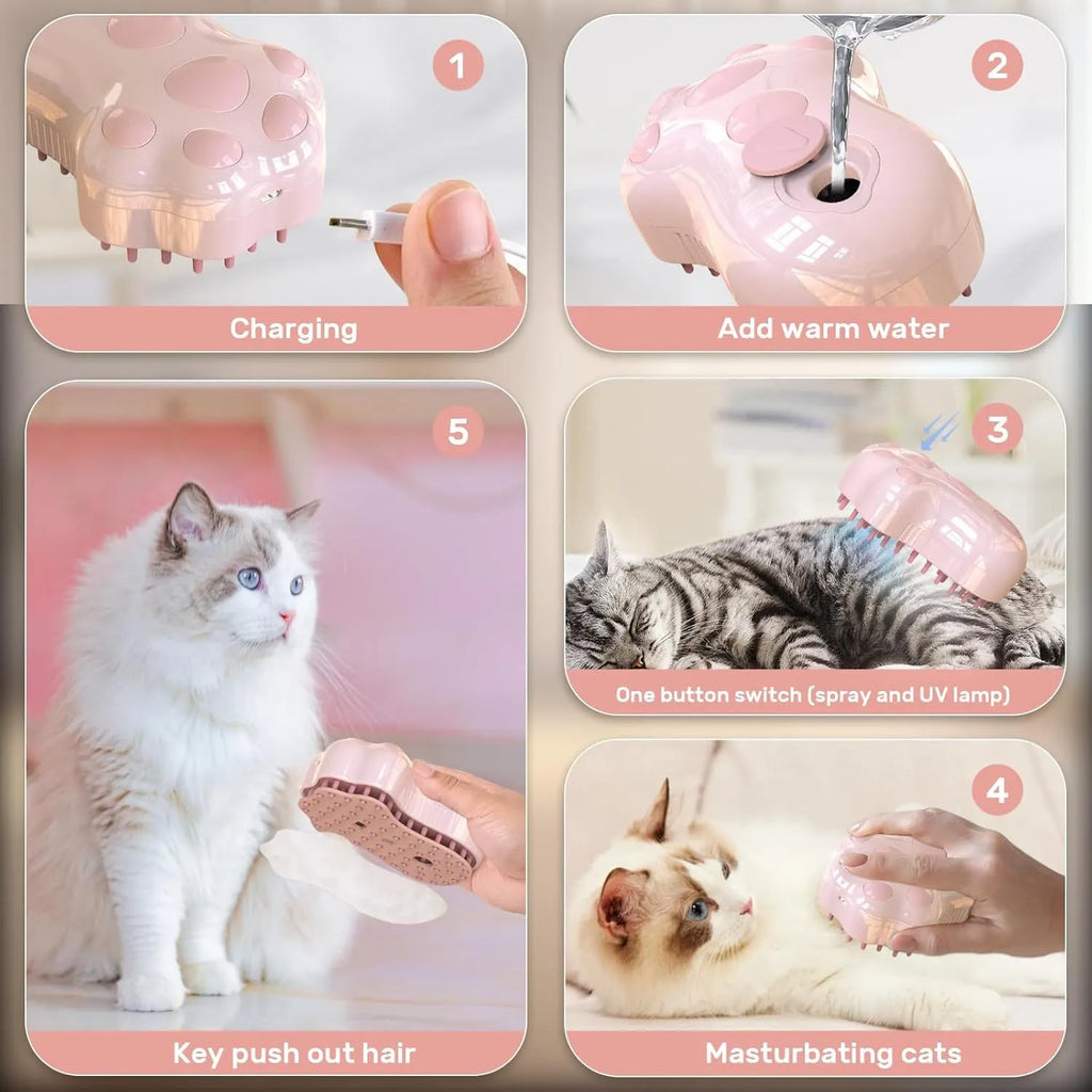 Blue self-cleaning cat steam brush with silicone bristles and release button