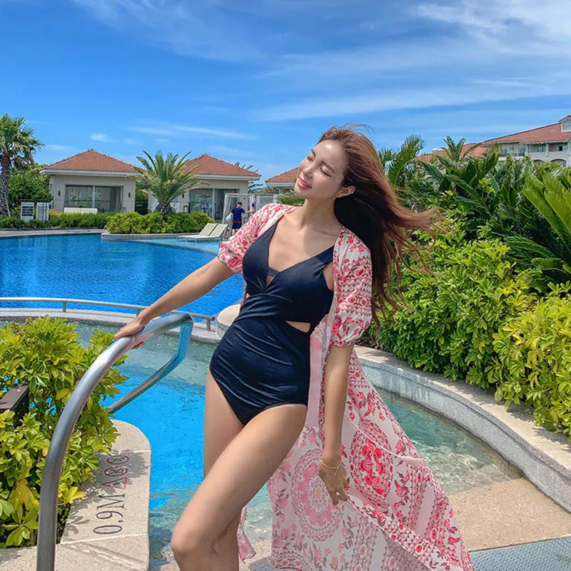 Women's one-piece swimsuit with hollow Siamese cutout design in dark blue and khaki polyester fabric