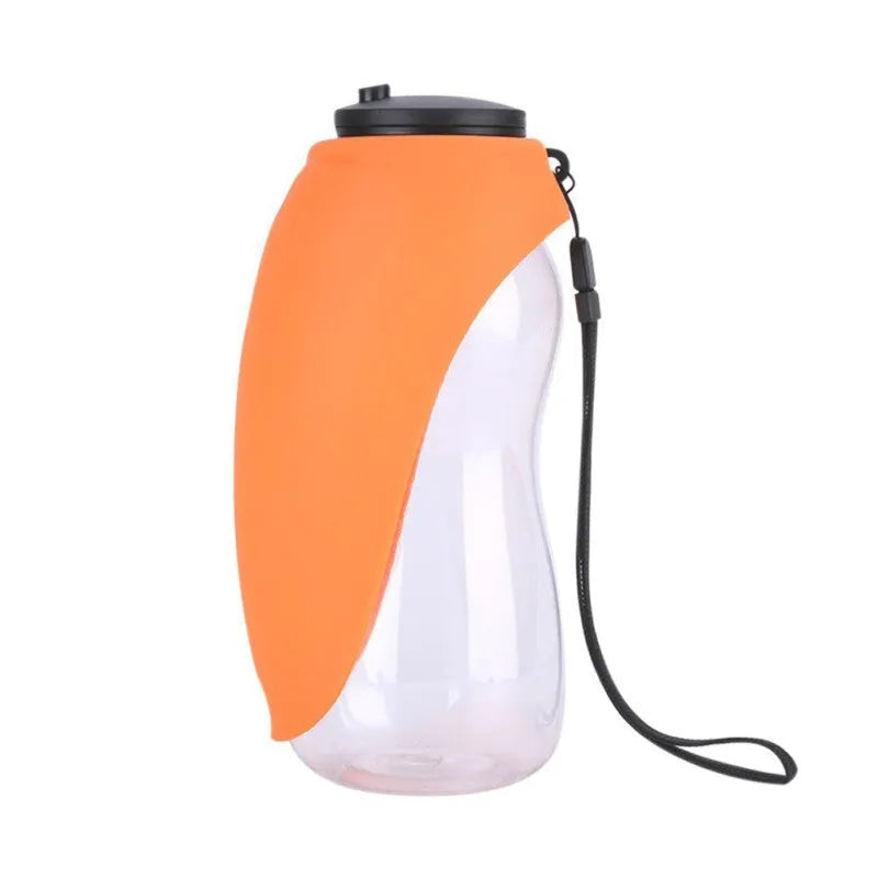 Portable pet water bottle with 680ml capacity, wide bowl, and key-type lock in blue, rose red, fruit green, orange