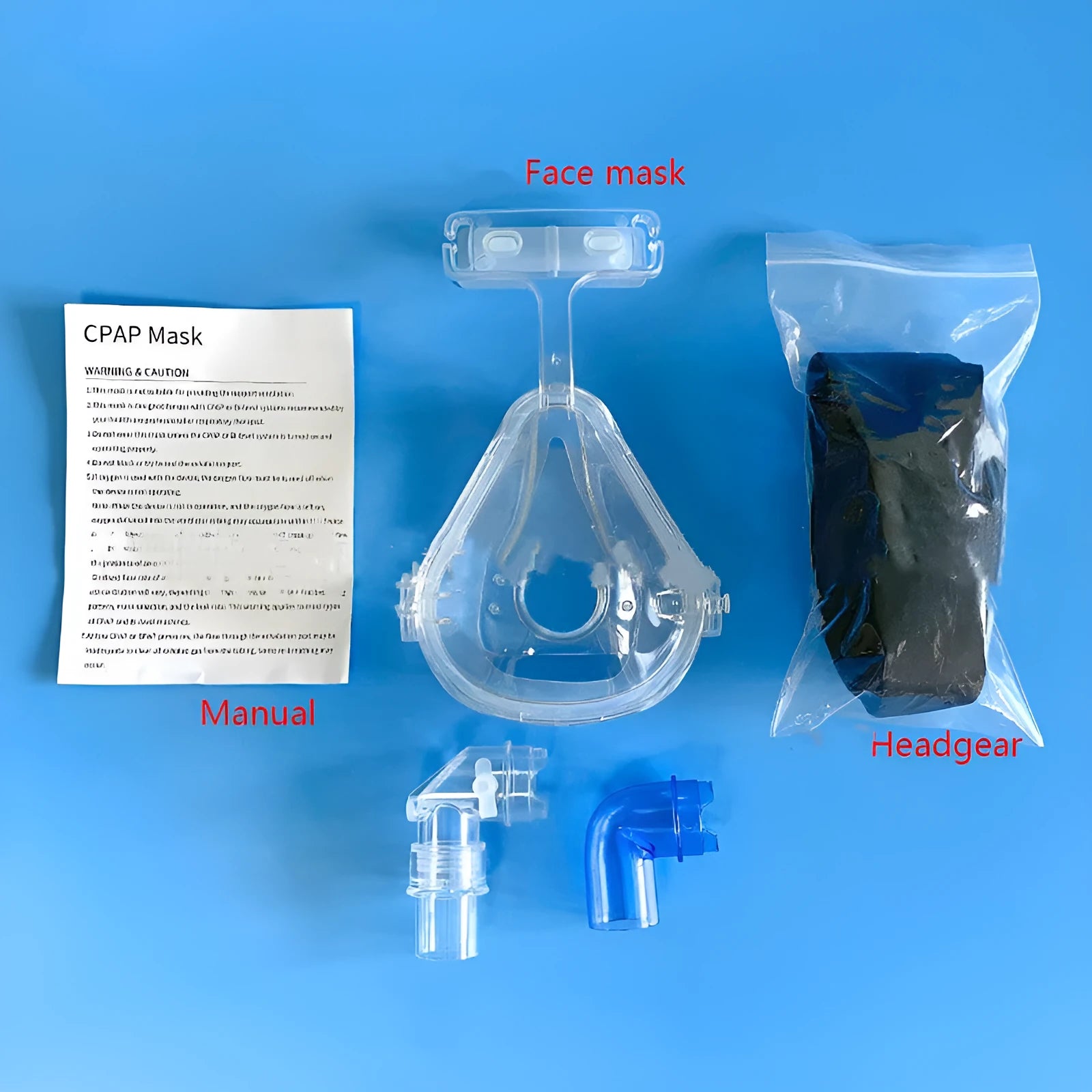 Transparent CPAP breathing mask with headband and adapter elbows for ventilator connection