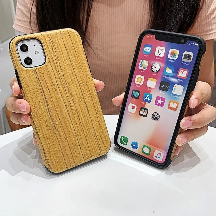 Wooden iPhone case with raised edge lip protection in natural bamboo or rosewood with visible grain patterns