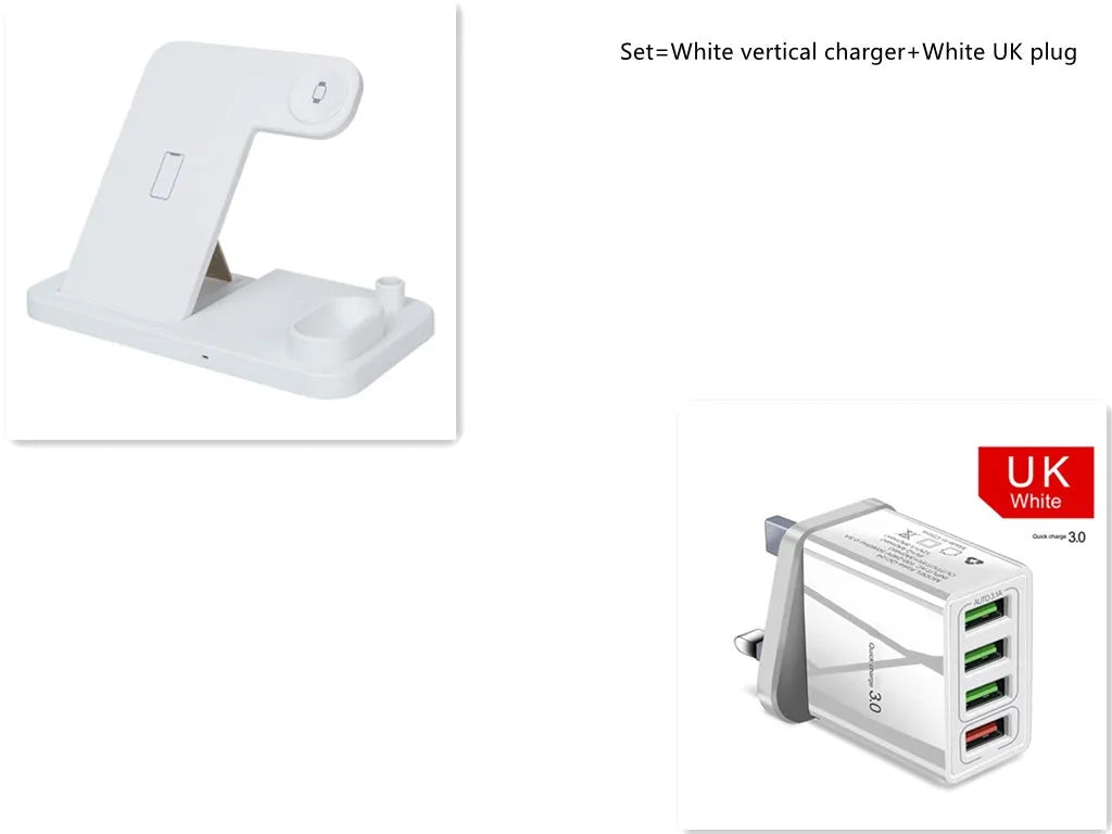 Black 4-in-1 wireless charging station for iPhone, Apple Watch, AirPods and Apple Pencil on a desk