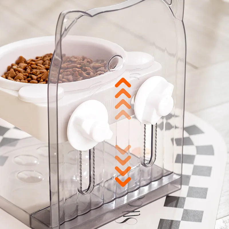 Grey adjustable height cat feeding bowl with anti-spill design and neck protection features