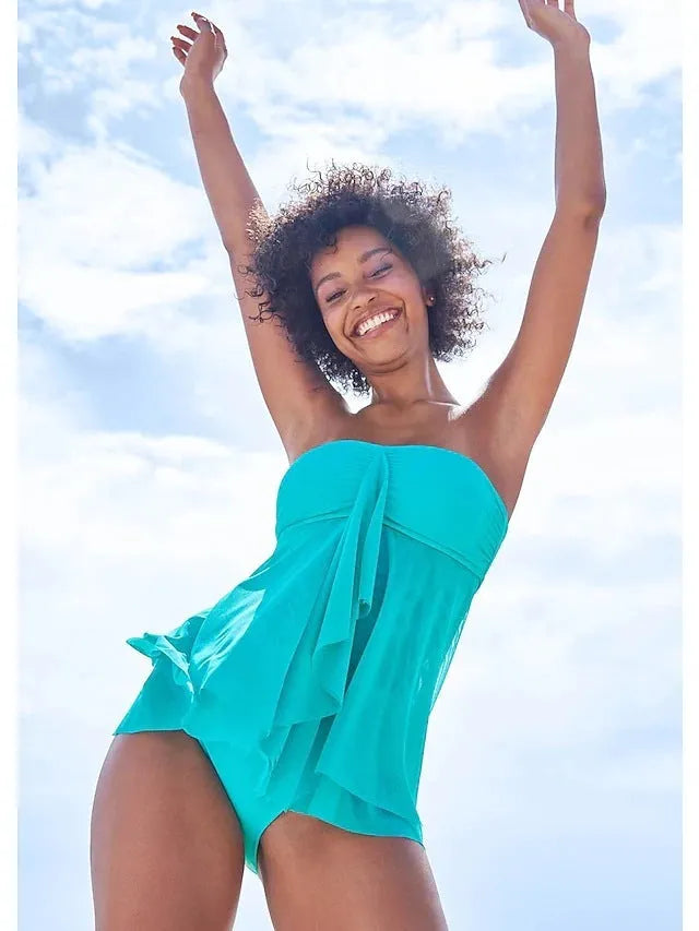 Women's strapless one-piece swimsuit in solid colour polyester, available in pink, blue, black, and picture colour