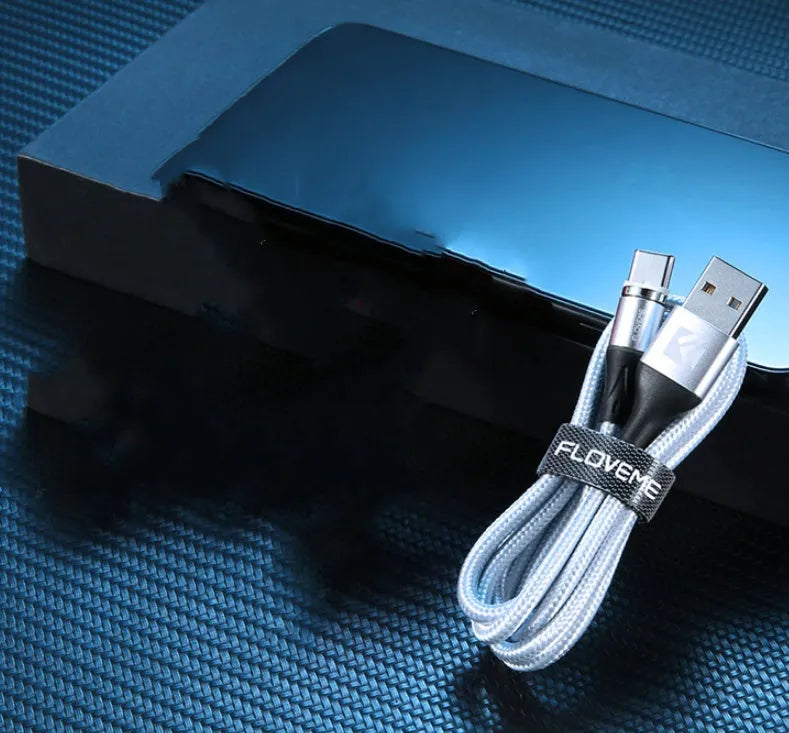 Black magnetic fast-charge data cable with side LED light and Type-C, Lightning, and Micro-USB connectors.