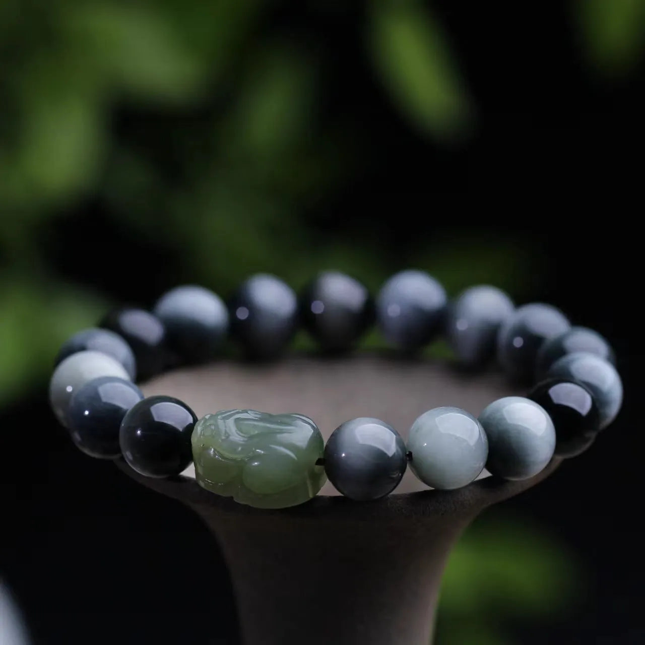 Natural Hetian jade and eagle eye stone Pixiu bracelet, 10mm, black colour, unisex, handcrafted