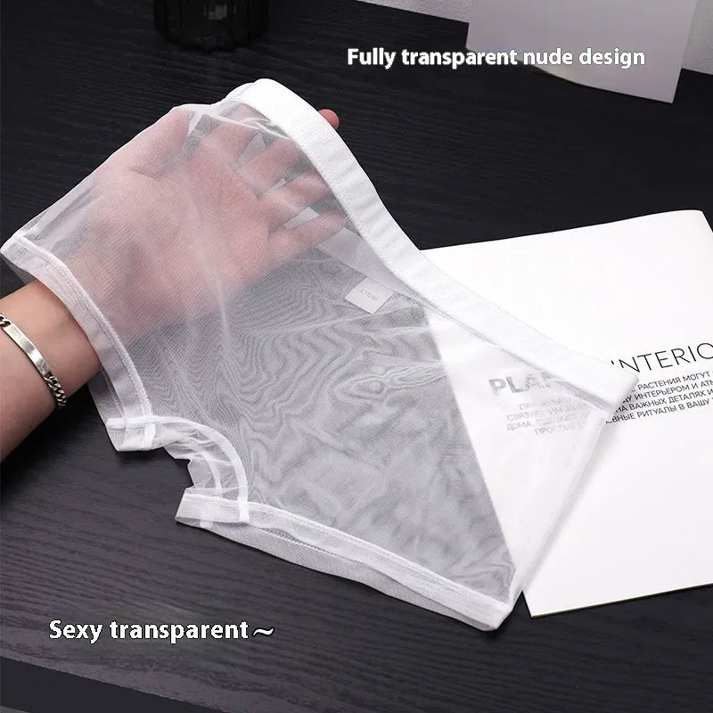 Men's thin sheer mesh boxer briefs in multiple colours on a white background.