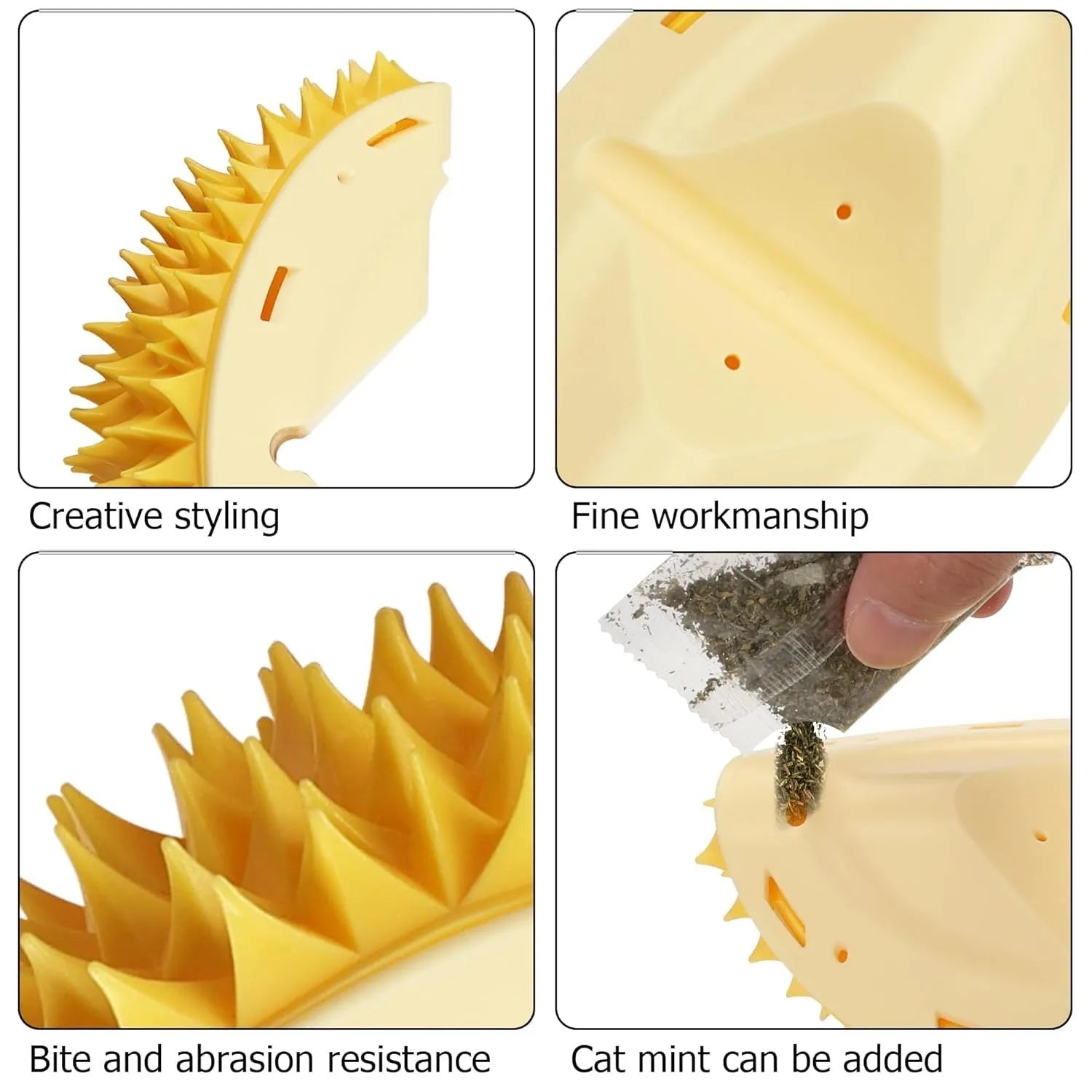 Yellow durian-shaped cat corner scratcher with cat face pattern and adhesive backing.