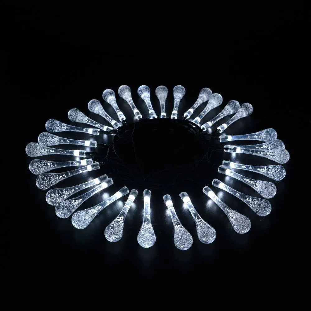 Solar-powered LED outdoor string lights with bubble drop pendants on 6.5 metre cable
