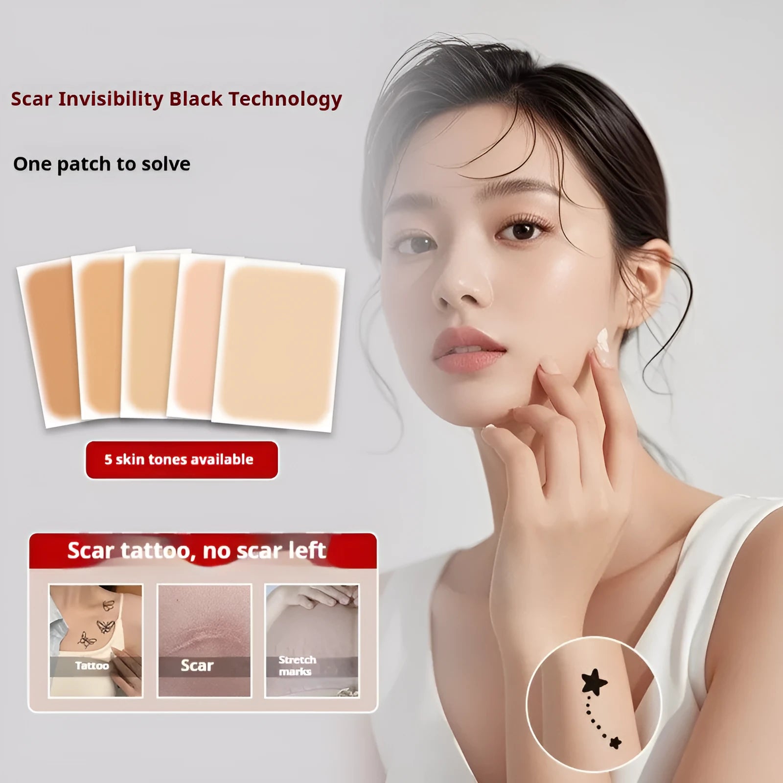 Tattoo cover makeup patches in skin tone colours for concealing birthmarks and scars