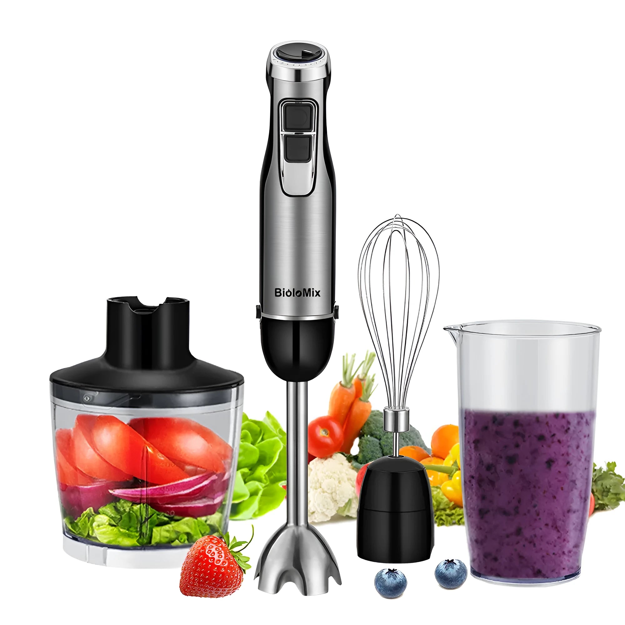 Biolomix stainless steel 4-in-1 hand blender with whisk, chopper bowl, and blending beaker on a black background