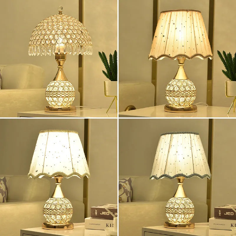Gold crystal desk lamp with remote control and dimming switch on a bedside table