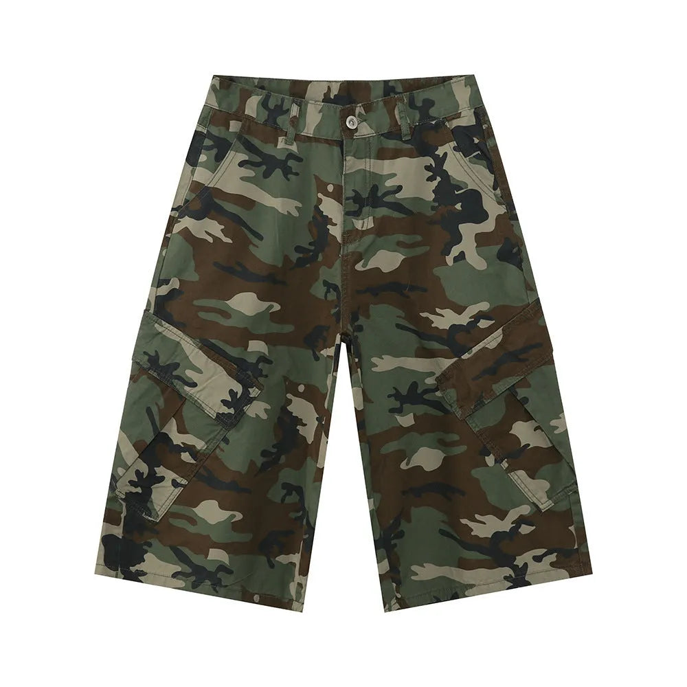 Men's camouflage cotton jeans with wide leg fit, cropped length, and American side stitching details