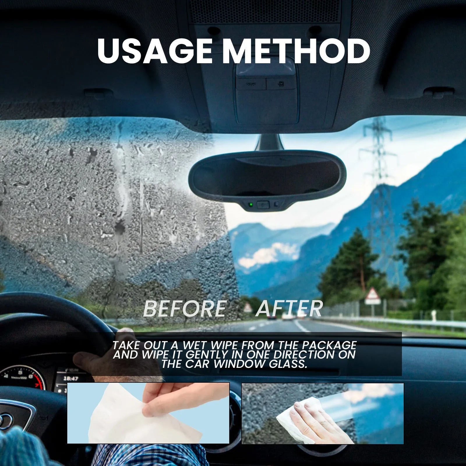 Car anti-fog rainproof wipes 40pcs in compact pack with water-base resin and non-woven fabric for windscreens