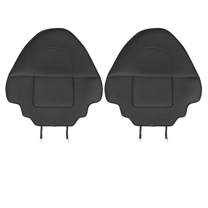 Set of two black leather rear seat anti kick pads with a storage pocket.