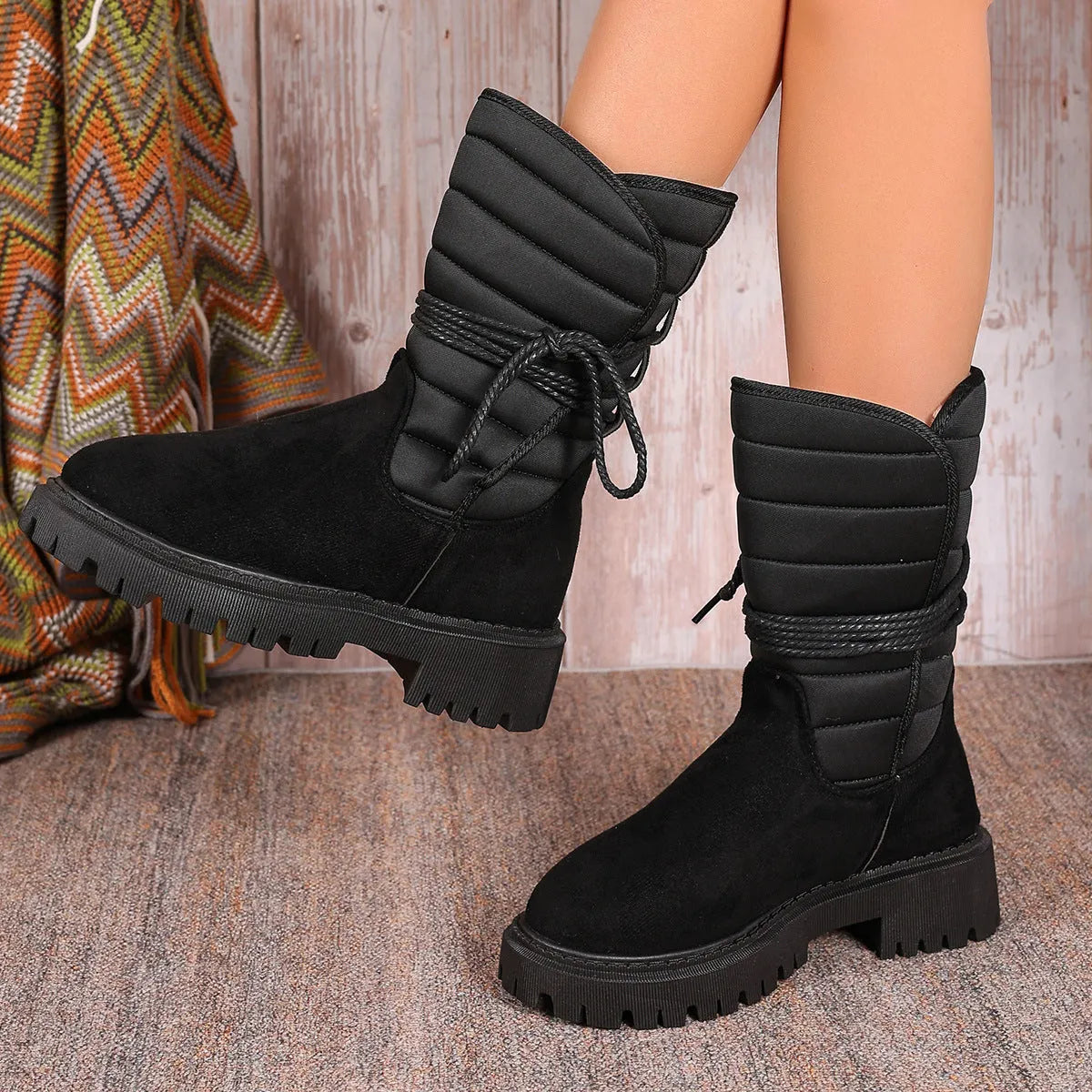 Women's black chunky heel snow boot with lace-up design and suede upper on a white background.