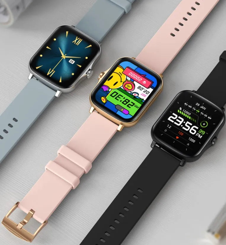 Smart sports watch with blue strap and 1.7-inch colour touch screen displaying fitness metrics