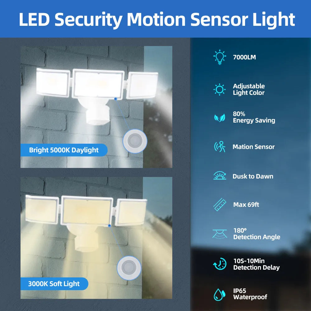 White outdoor LED security floodlight with motion sensor mounted on wall bracket