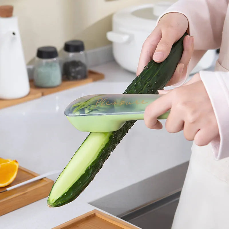 Storage type peeling knife with tube, stainless steel blade, non-slip plastic handle, 20 x 4.8cm, dark green and light green colours