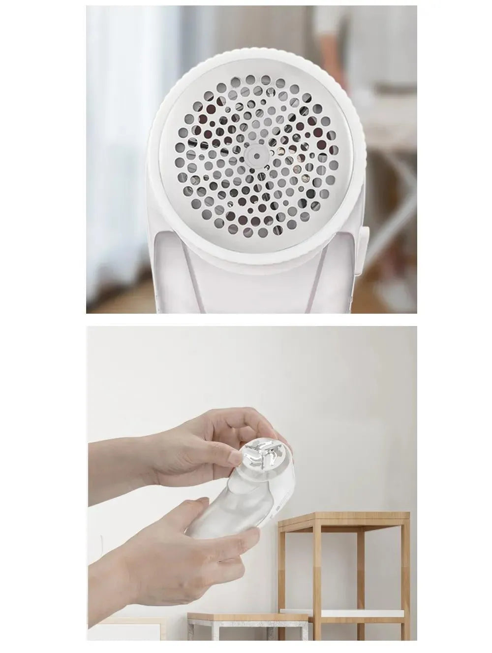 White lint remover machine with USB charging, 4W motor, 500mAh battery, 250g weight