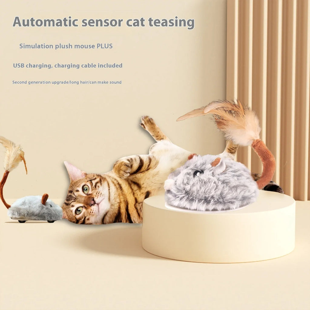 Electric cat pole toy with plush mouse in pink, dark grey, or purple colour options