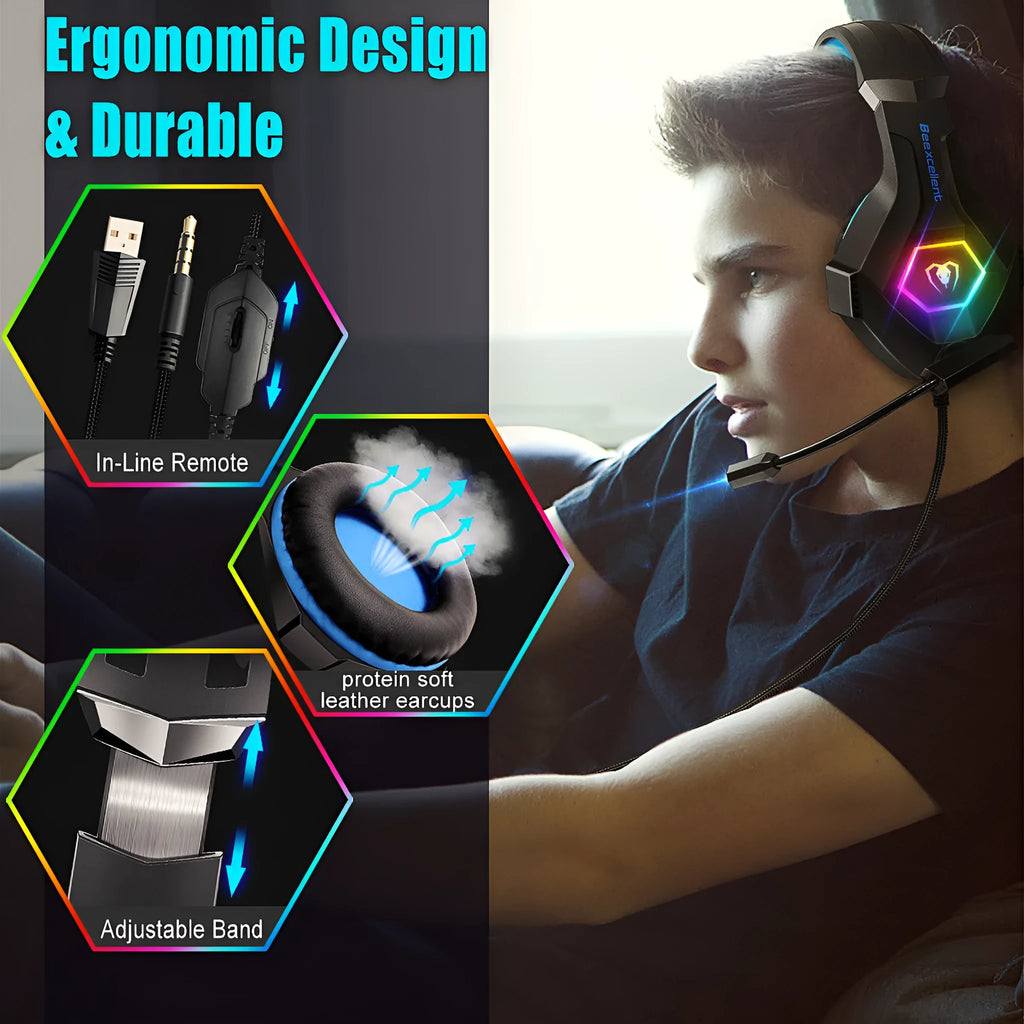 Thunder Wear luminous gaming headset with microphone, black blue colour with LED lights