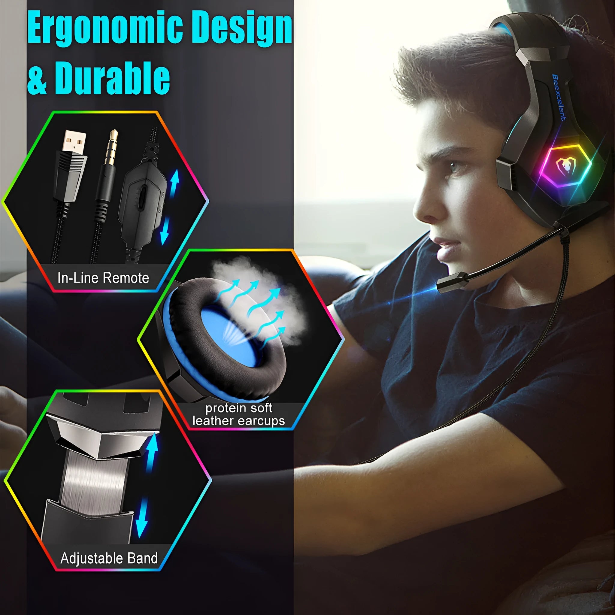 Thunder Wear luminous gaming headset with microphone, black blue colour with LED lights
