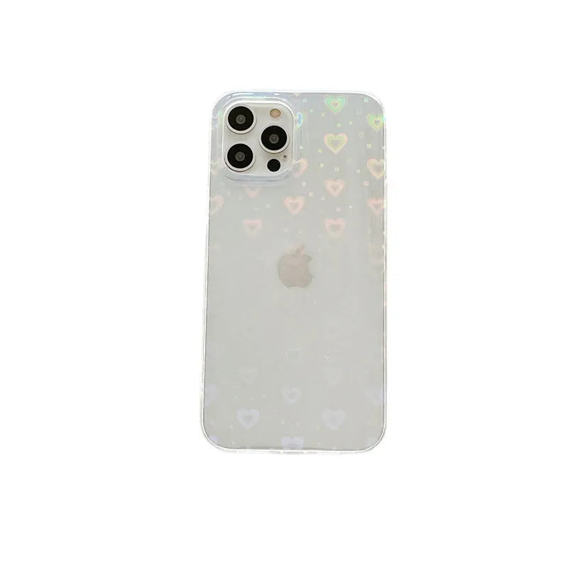 Transparent silicone iPhone case with laser colourful love design shown on an iPhone