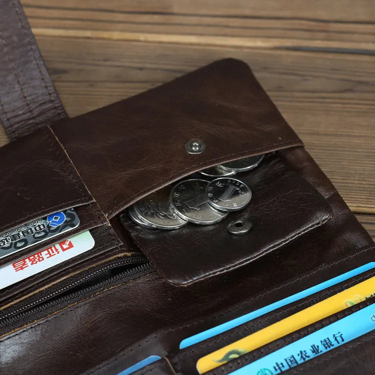 Genuine leather multi-card-slot women's wallet in brown long size with sewing thread detailing