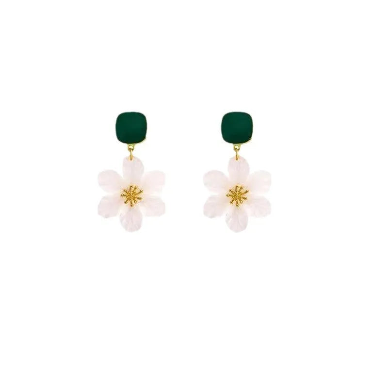 A pair of dark green alloy earrings with a sweet needle flower design on a white background.