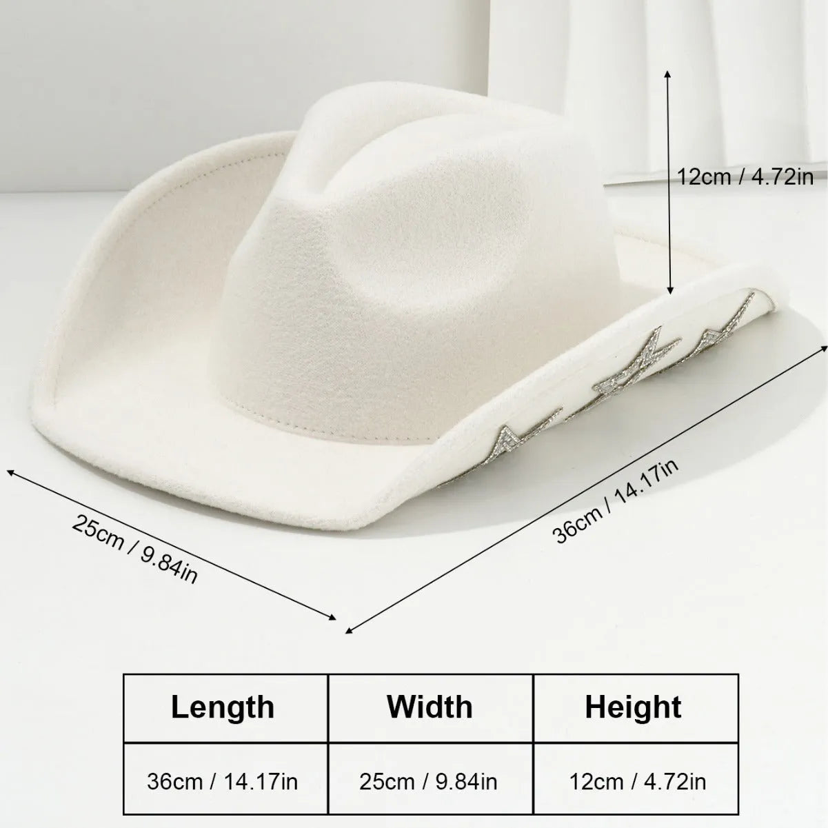 Woolen felt western denim top hat with conical crown and hexagonal star detail in M size 56-58cm.