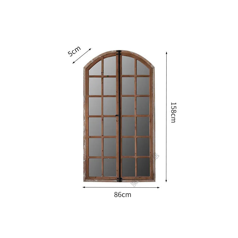 Terrace distressed fake window style wall mirror with wooden frame and glass, log colour finish, A316 design.